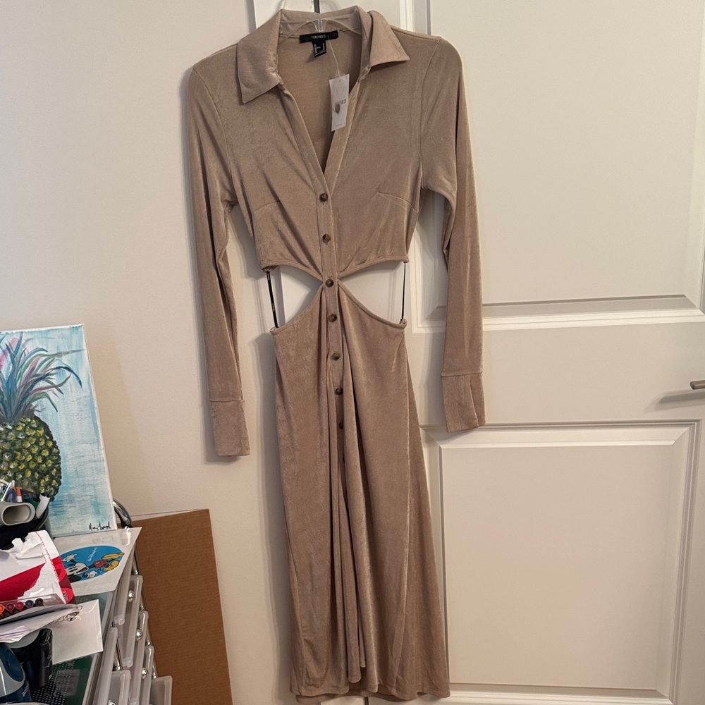 Forever 21 Tan Long Sleeve Cut-Out Dress